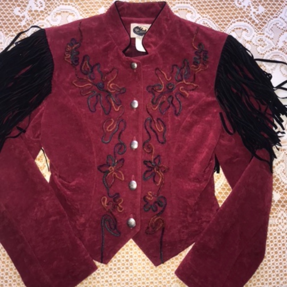 Suede Bolero Jacket w/Blk Fringe and Embroidery